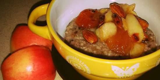 Oat-rye porridge with bran, flax, caramel fruits and almonds in a multicooker Redmond RMC-M 4502