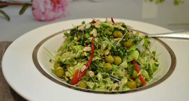 Peking cabbage salad, broccoli microgreens, cedar meal