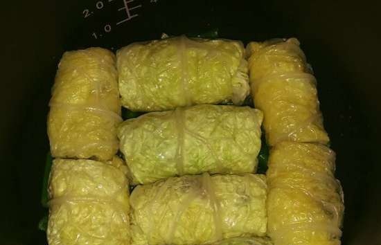 Savoy cabbage cabbage rolls with celery on a cushion of green beans in a multicooker Redmond RMC-M 4502