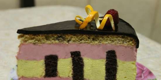 Chocolate citrus cake with strawberry mousse