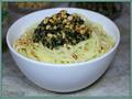 Spaghetti with olive and olive dressing