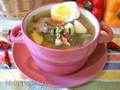Cabbage soup with fresh sorrel and fresh tops of beets and radishes, and chicken liver (Marta MT-1989 multicooker)